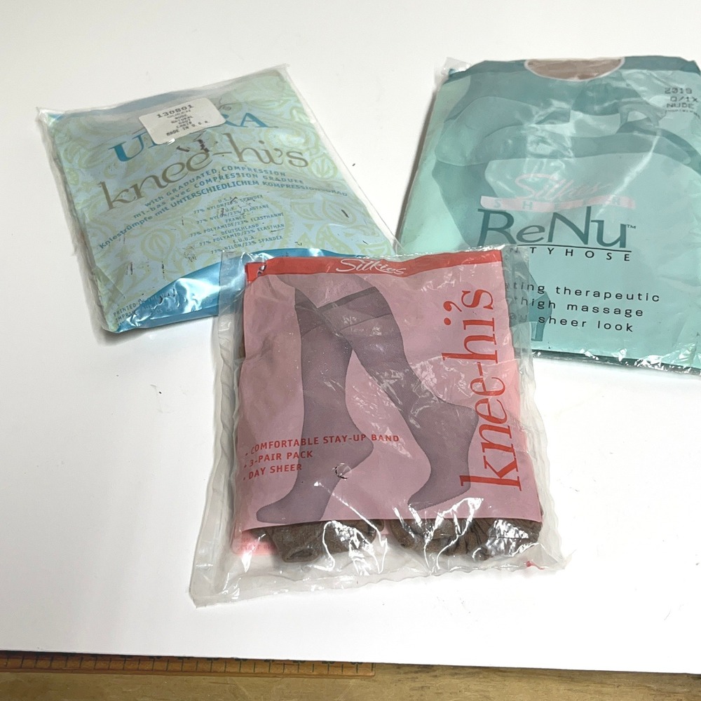 Lot of 3 Vintage Silkies‎ Brand Hosiery Stockings Knee Highs Grandma Church Work